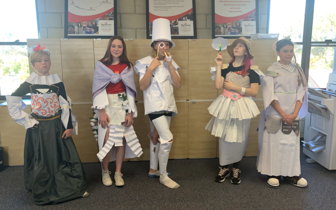 RMS students wearing costumes made from paper
