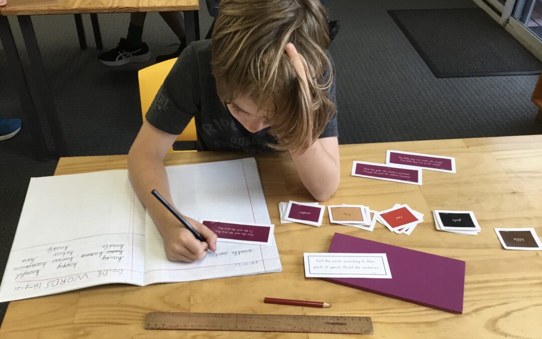 Young boy writing in workbook as part of Groovy Grammar at Rockingham Montessori